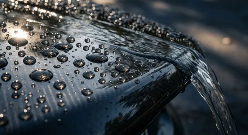Water beading and running off a dark, glossy surface
