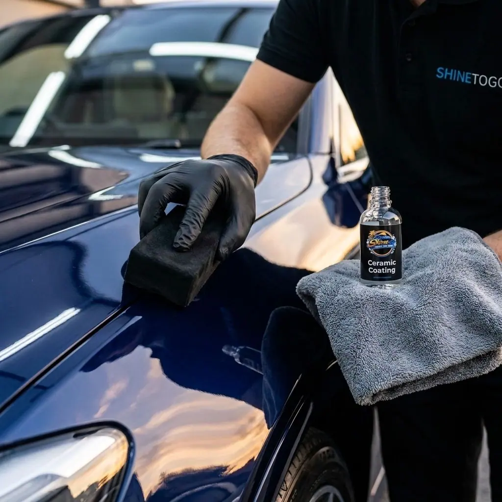 Illustration: a technician in black gloves applying ceramic coating to a car with a foam applicator, with a bottle of ceramic coating in view