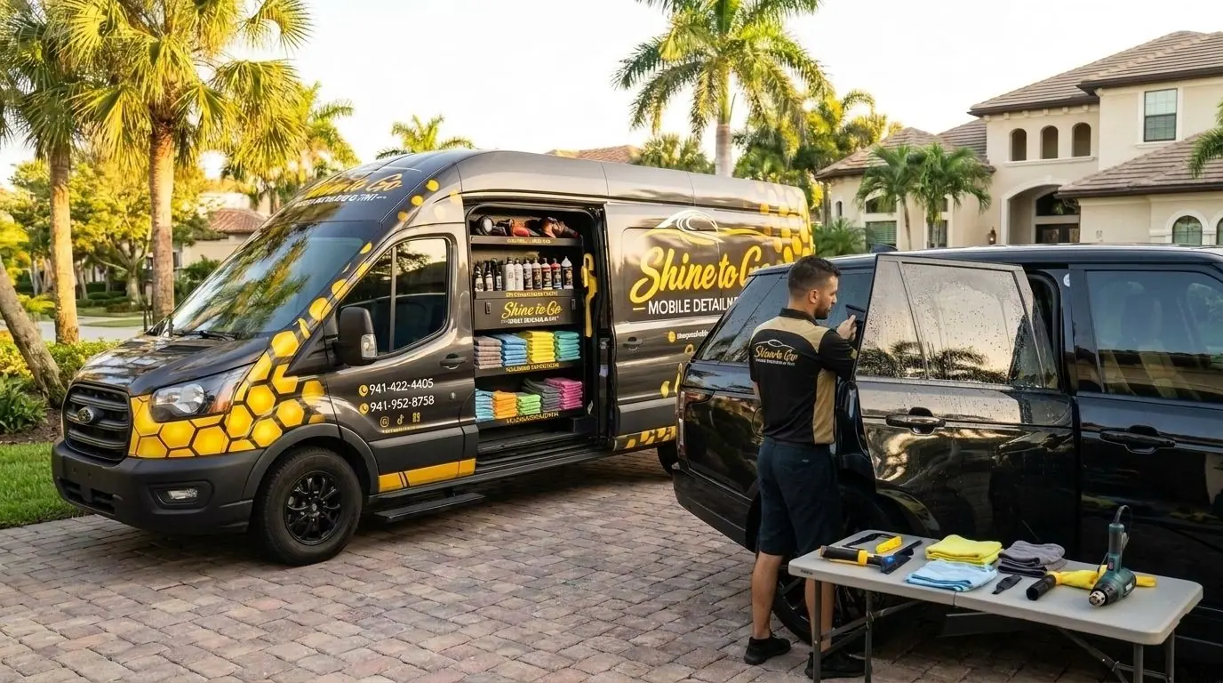 Illustration: a mobile detailing van in a driveway, with a technician beside a black SUV and a table of window tint tools